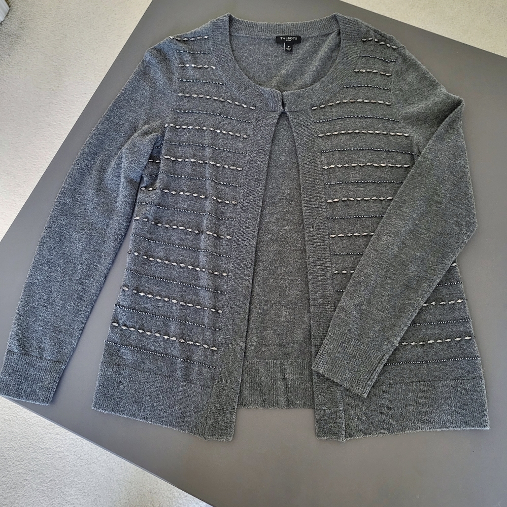 Talbots Rhinestone Embellishment Cardigan Grey Size P